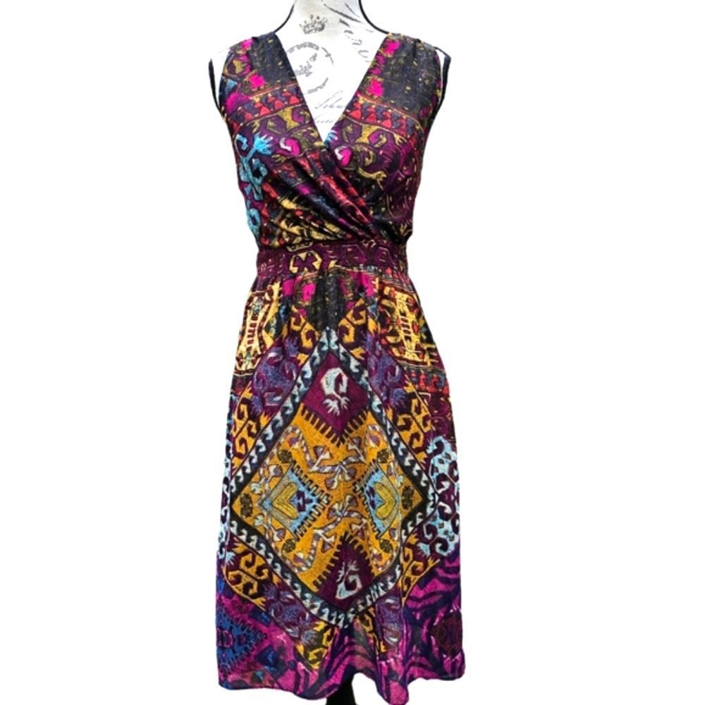 Addie Multicolor Vibrant Open Back Lace Up‎ V-Neck Sleeveless Midi Dress Size S